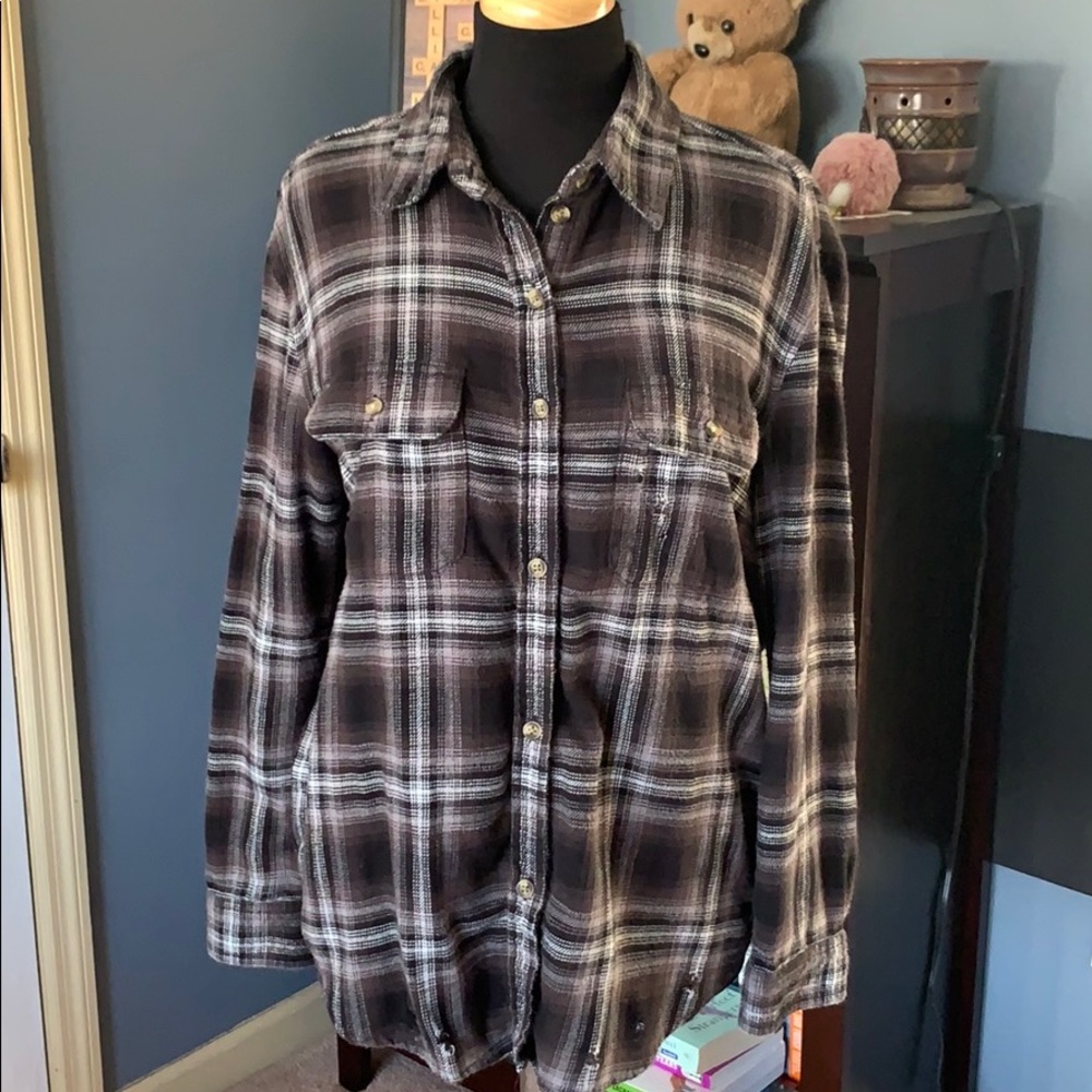 American Eagle oversized destroyed flannel shirt